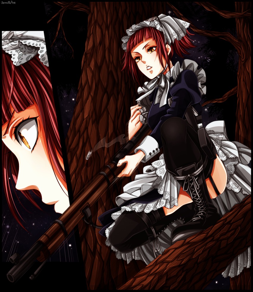 1girl, black_boots, black_thighhighs, boots, derivative_work, female_focus, from_below, garter_straps