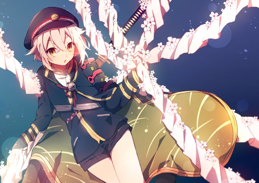 10s, 1boy, armor, cape, cherry_blossoms, cowboy_shot, green_eyes, hat