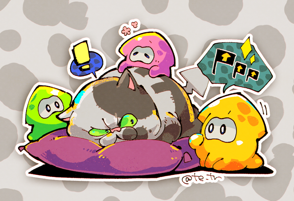 !, blue_eyes, cat, colored_sclera, flag, flower_symbol, green_sclera, inkling