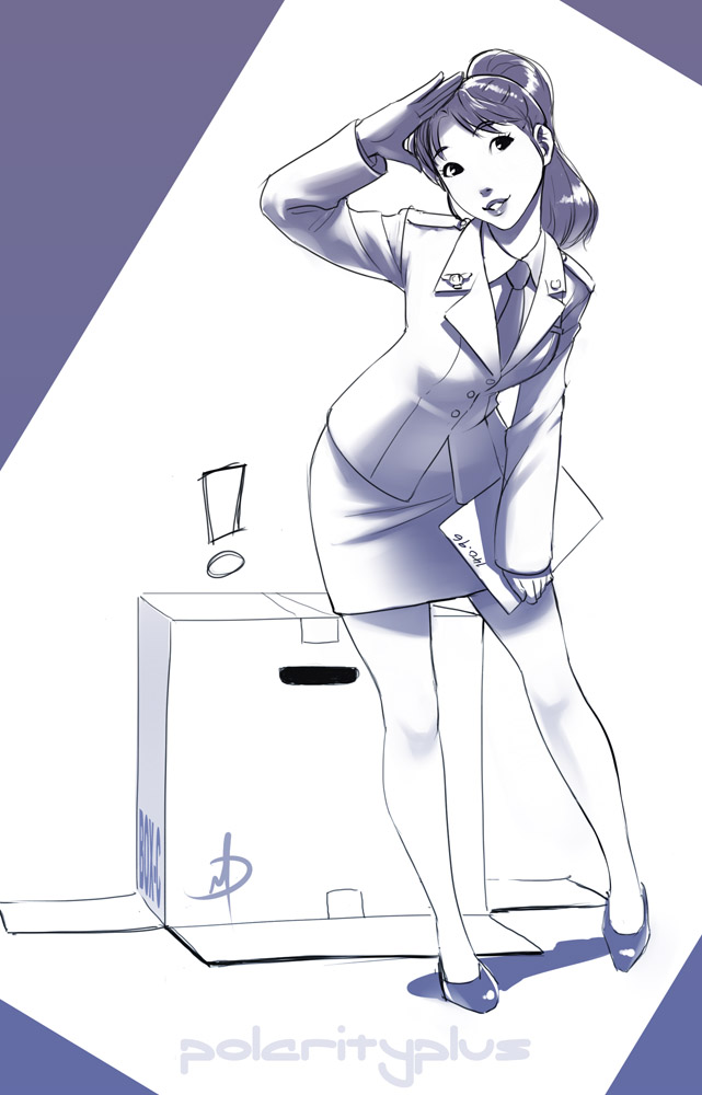 !, 1girl, box, clipboard, epaulettes, female_focus, leaning_forward, lips