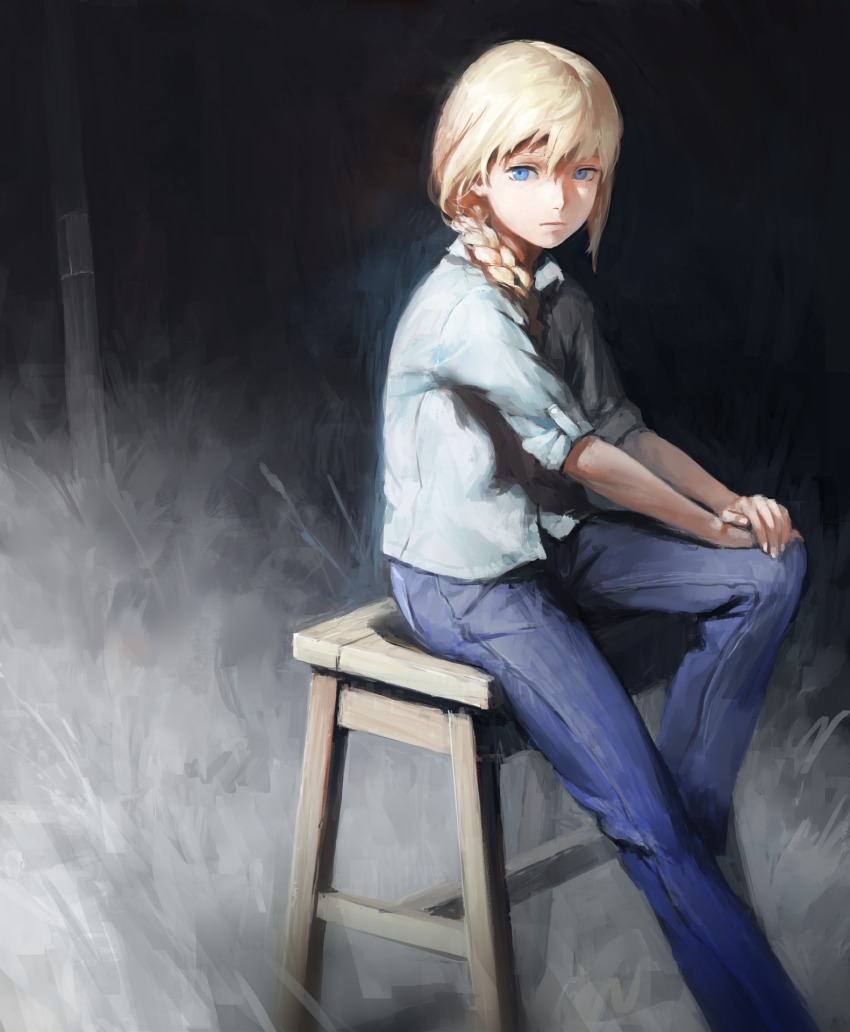 1girl, blonde_hair, blue_eyes, braid, denim, female_focus, hair_over_shoulder, hands_on_knee