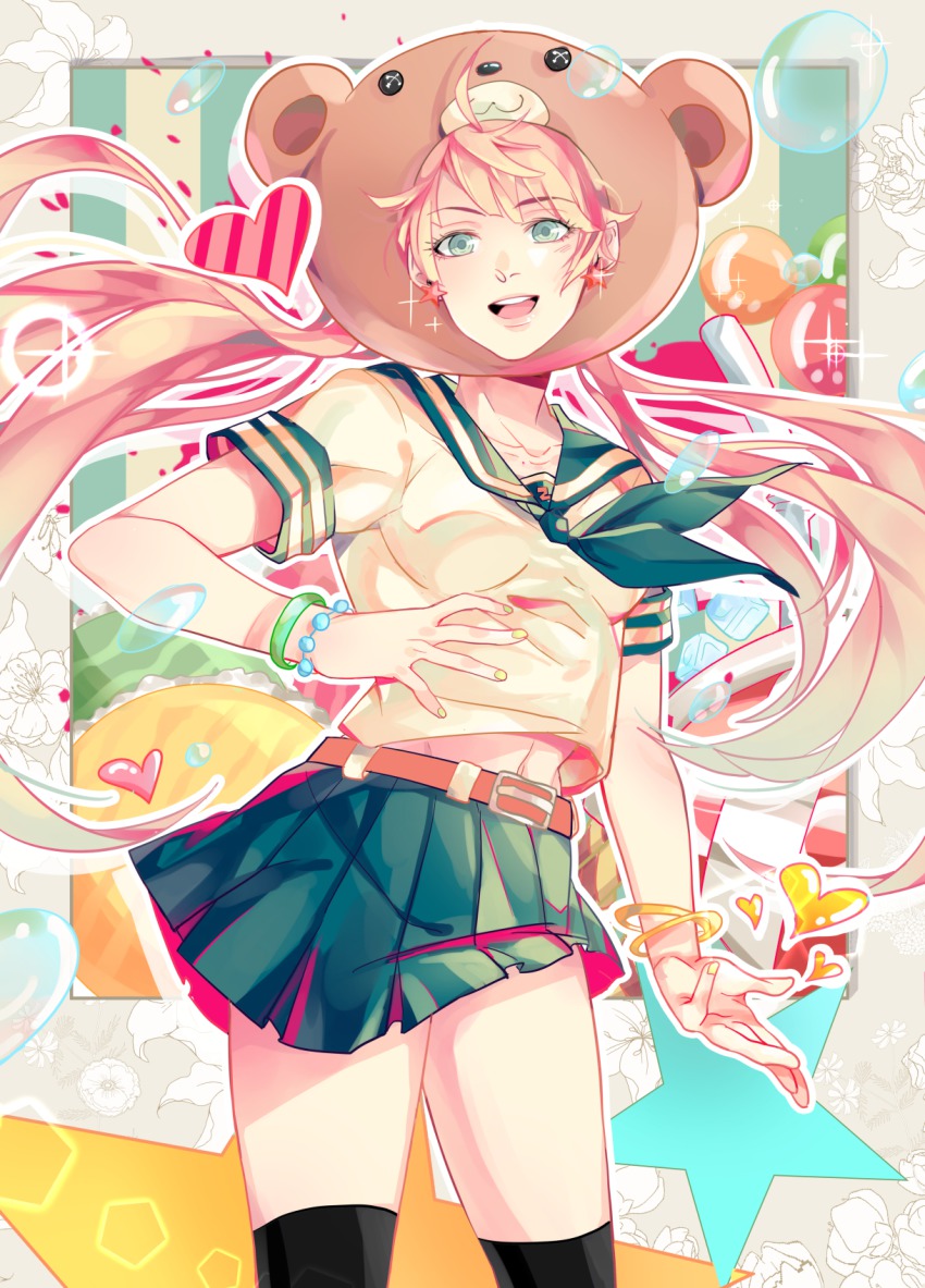 1girl, ahoge, bad_id, bad_pixiv_id, bear_head, belt, blonde_hair, bracelet, bubble, collarbone, dio_brando, earrings, female_focus, flower, genderswap, genderswap_(mtf), green_eyes, heart, highres, jewelry, jojo_no_kimyou_na_bouken, kneehighs, lily_(flower), long_hair, mealeston, miniskirt, nail_polish, navel, outline, pleated_skirt, school_uniform, serafuku, skirt, socks, solo, sparkle, star_(symbol), striped, twintails, very_long_hair, yellow_nails