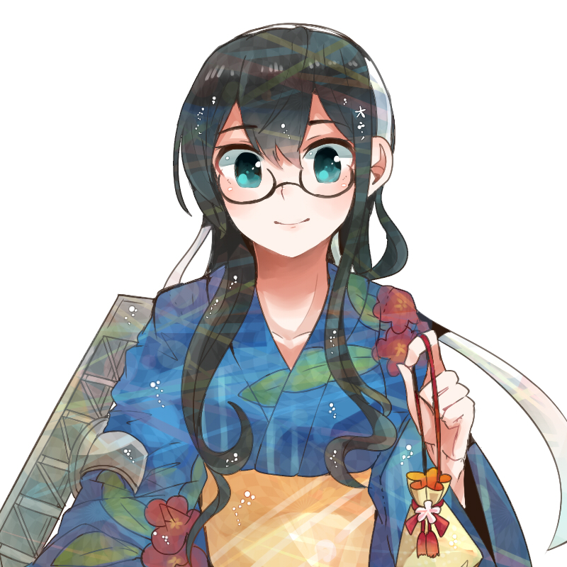 10s, 1girl, bag, black_hair, glasses, hairband, itomugi-kun, japanese_clothes