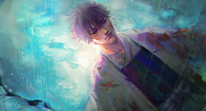 1boy, artist_name, bad_id, bad_pixiv_id, blood, blood_on_clothes, chromatic_aberration, closed_eyes, gintama, hachimaki, headband, lying, male_focus, on_back, oreki_genya, orekigenya, rain, sakata_gintoki, shiroyasha, short_hair, solo, water, white_hair