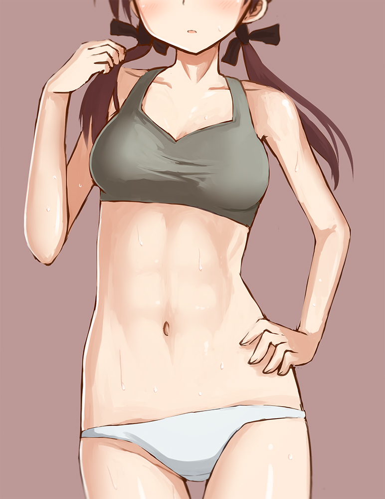 1girl, abs, bad_id, bad_tumblr_id, blush, breasts, brown_hair, catocala, cowboy_shot, female_focus, gertrud_barkhorn, hand_on_own_hip, head_out_of_frame, long_hair, low_twintails, navel, panties, parted_lips, red_background, simple_background, small_breasts, solo, strike_witches, sweat, tank_top, twintails, underwear, underwear_only, white_panties, world_witches_series