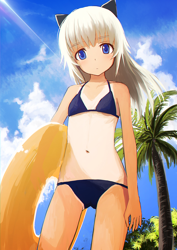 1girl, animal_ears, bad_id, bad_tumblr_id, bikini, black_bikini, blonde_hair, blue_eyes