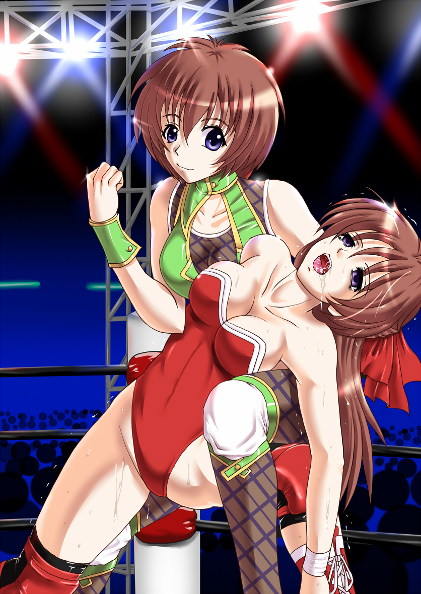 2girls, abdominal_stretch, breasts, brown_hair, cleavage, defeat, drooling, empty_eyes