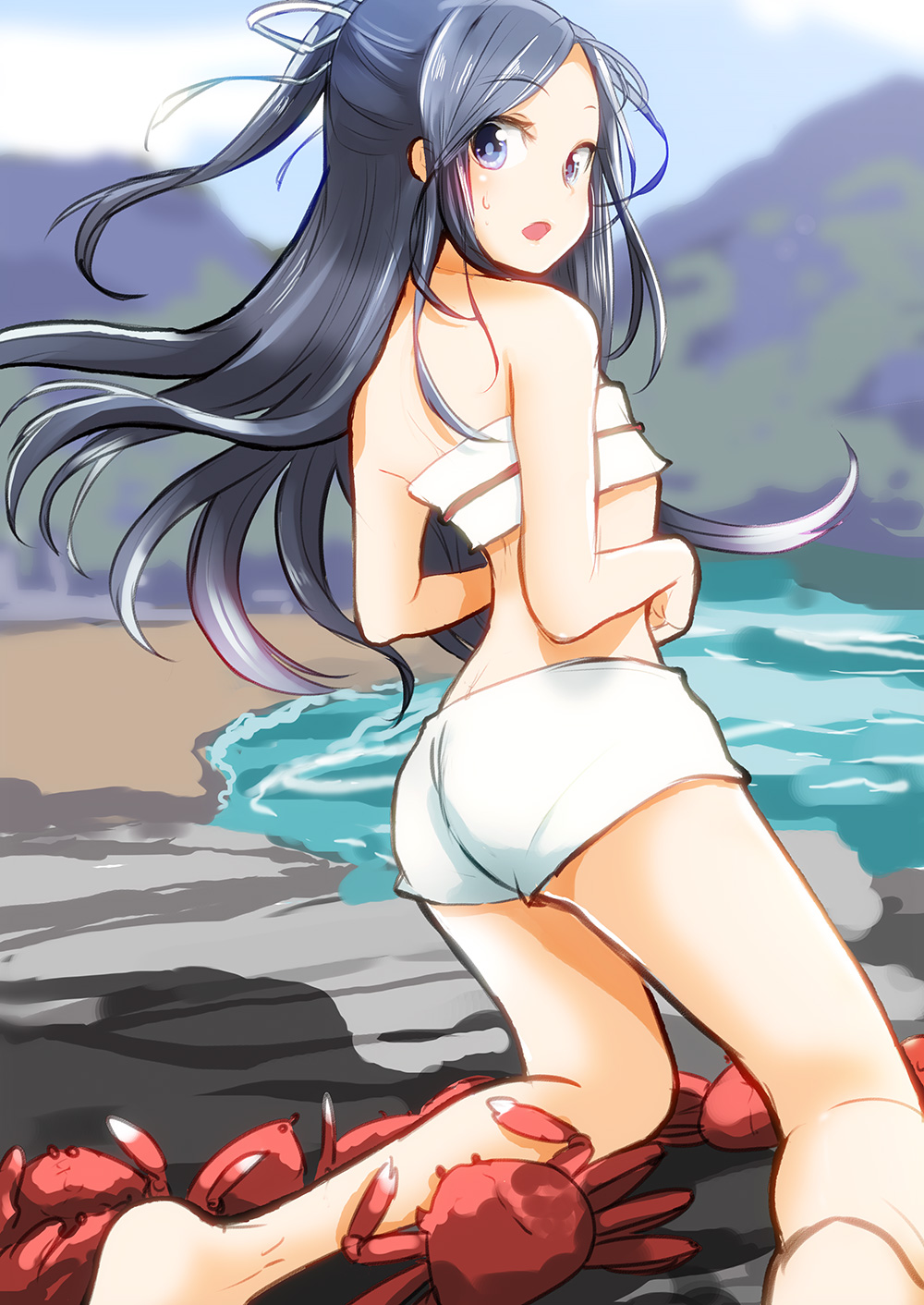 10s, 1girl, black_hair, blue_eyes, crab, female_focus, highres, kantai_collection