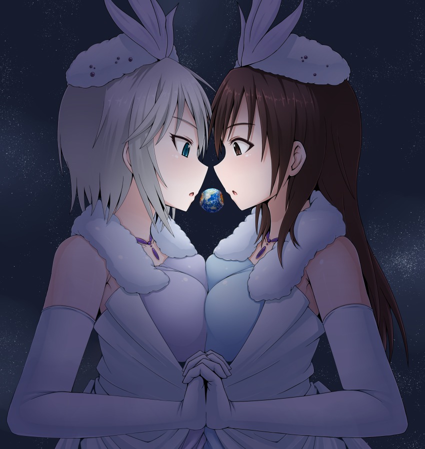 10s, 2girls, absurdres, anastasia_(idolmaster), bare_shoulders, blue_eyes, breast_press, breasts