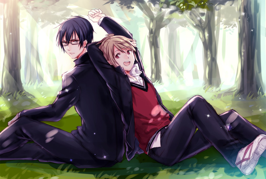 2boys, arms_behind_back, back-to-back, bad_id, bad_pixiv_id, bespectacled, brown_hair, fujiwara_takeru, gakuran, glasses, male_focus, multiple_boys, prince_of_stride, red_eyes, school_uniform, shoes, short_hair, sitting, sneakers, stretching, tree, unabara_misumi, yagami_riku