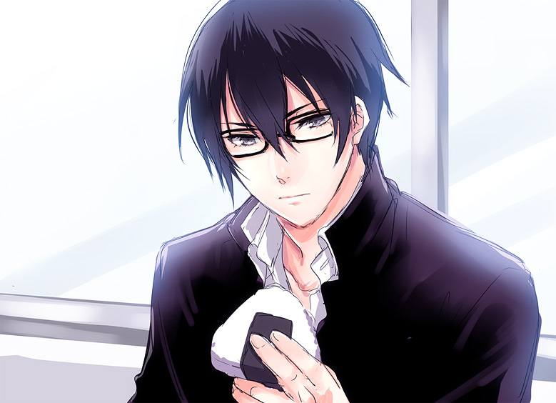 1boy, bad_id, bad_pixiv_id, bespectacled, black_hair, food, fujiwara_takeru, gakuran