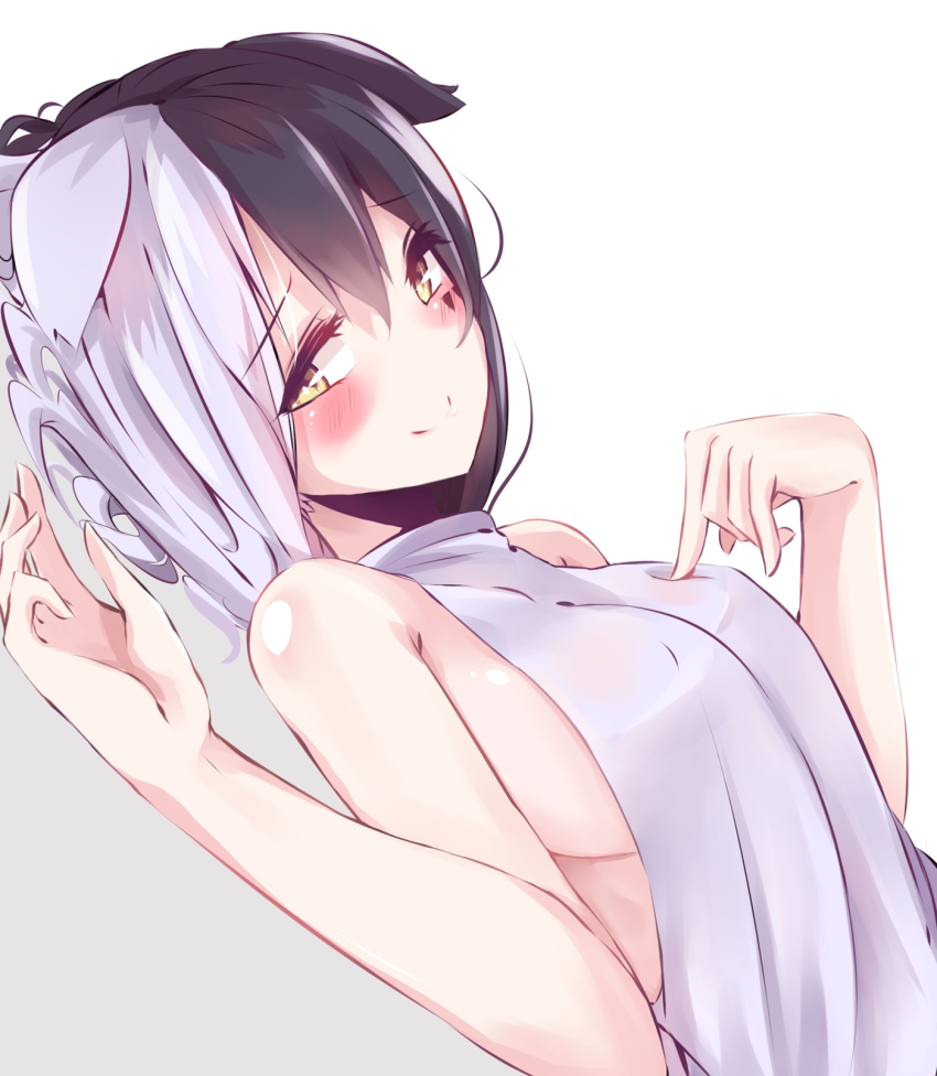 1girl, bad_id, bad_pixiv_id, black_hair, blush, breasts, female_focus, from_side