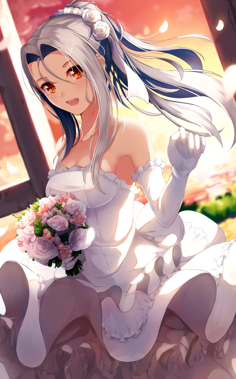 1girl, alternate_hairstyle, bare_shoulders, bouquet, breasts, cleavage, clothes_lift, dress