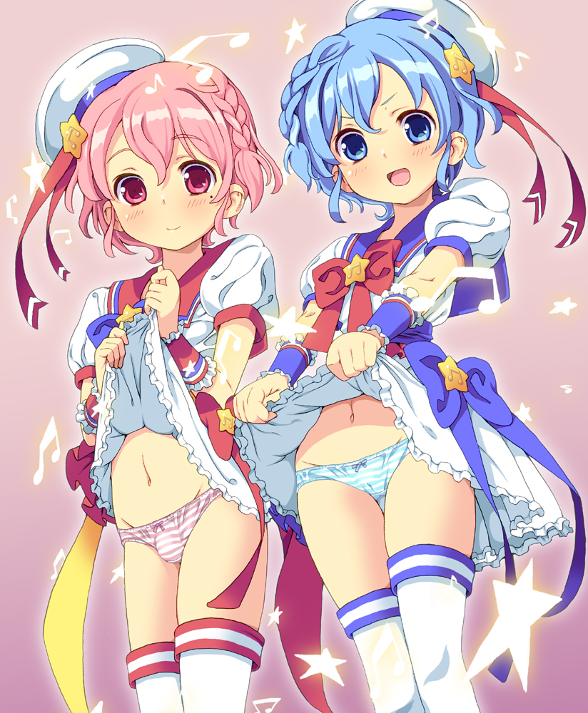 >:d, 1boy, 1girl, :d, blue_eyes, blue_hair, blush, braid, brother_and_sister, bulge, clothes_lift, crossdressing, dorothy_west, dress, dress_lift, frilled_dress, frills, groin, hair_ornament, hat, homing_(areya), lifting_own_clothes, looking_at_viewer, mole, mole_under_eye, musical_note, navel, open_mouth, panties, pink_eyes, pink_hair, pretty_series, pripara, puffy_short_sleeves, puffy_sleeves, quaver, reona_west, ribbon, short_hair, short_sleeves, siblings, simple_background, smile, star_(symbol), star_hair_ornament, striped_clothes, striped_panties, thighhighs, trap, twins, underwear, v-shaped_eyebrows, white_thighhighs, wrist_cuffs