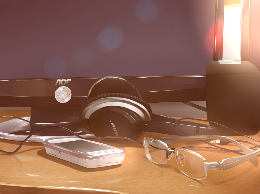 absurdres, bose, cable, cellphone, desk, glasses, headphones, highres