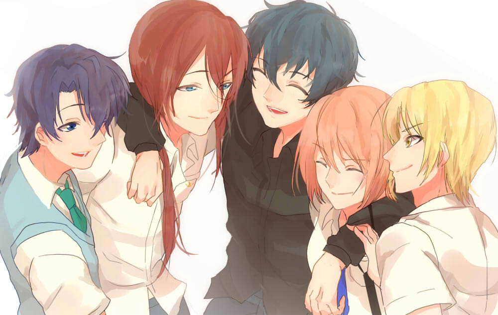 10s, 1girl, 4boys, bad_id, bad_pixiv_id, black_hair, blonde_hair, blue_eyes