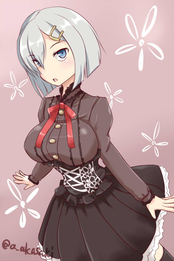 10s, 1girl, akai_akasaki, alternate_costume, blue_eyes, breasts, dress, female_focus, hair_over_one_eye, hamakaze_(kancolle), kantai_collection, large_breasts, short_hair, silver_hair, solo, thighhighs