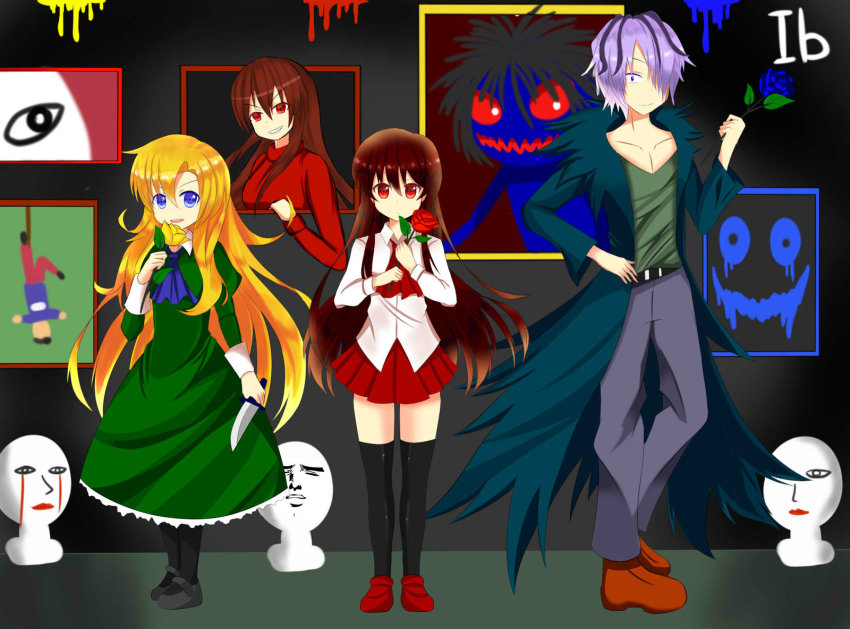 1boy, 2girls, asusilver_(artist), black_legwear, blonde_hair, blue_eyes, blue_flower, blue_rose