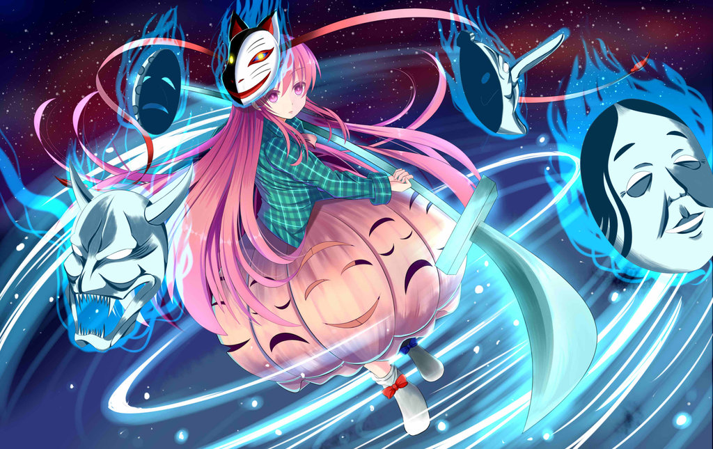 1girl, asusilver_(artist), bubble_skirt, expressionless, female_focus, fox_mask, hata_no_kokoro, long_hair