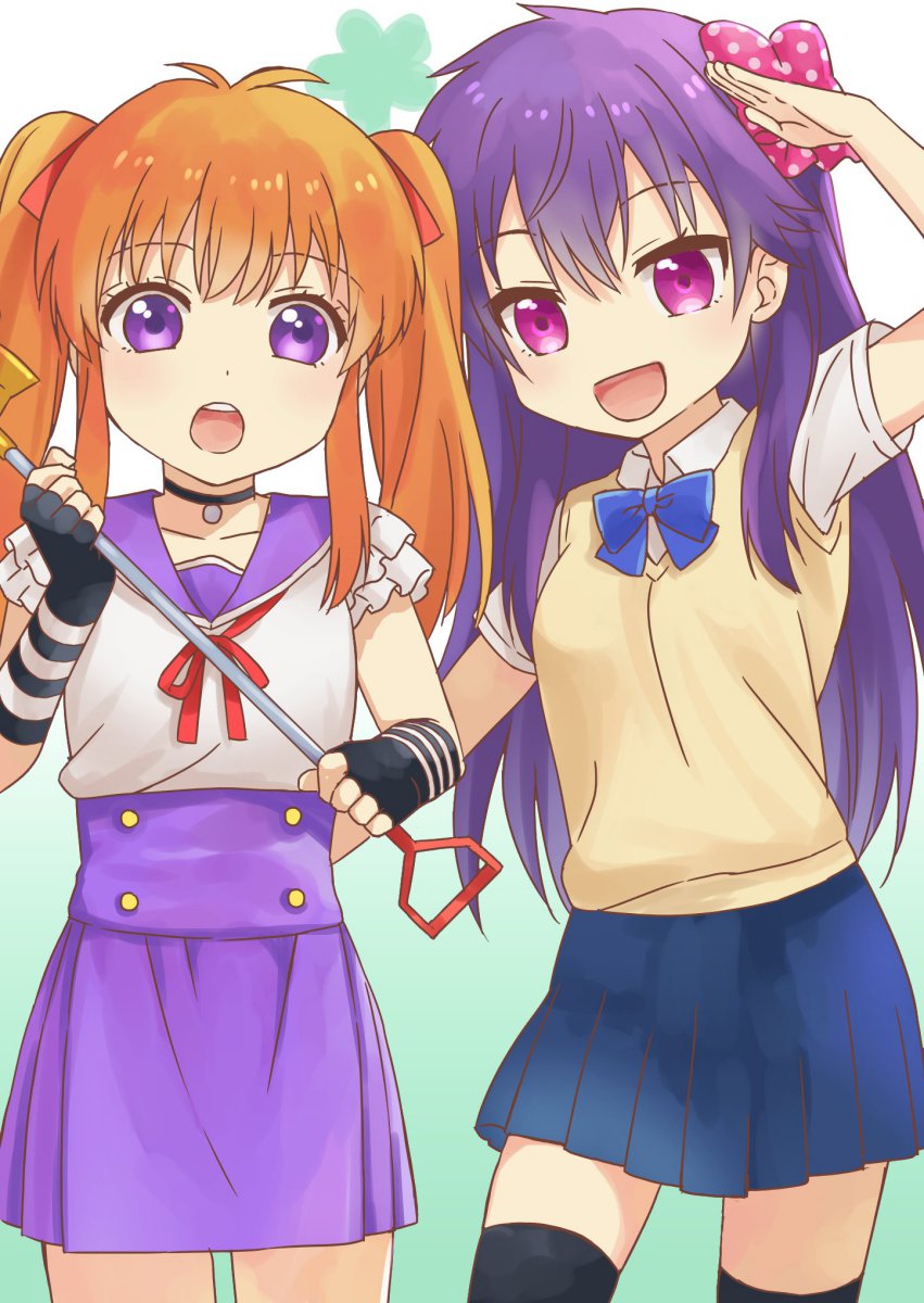 2girls, 403_(artist), black_legwear, bow, cosplay, costume_switch, ebisuzawa_kurumi, ebisuzawa_kurumi_(cosplay)