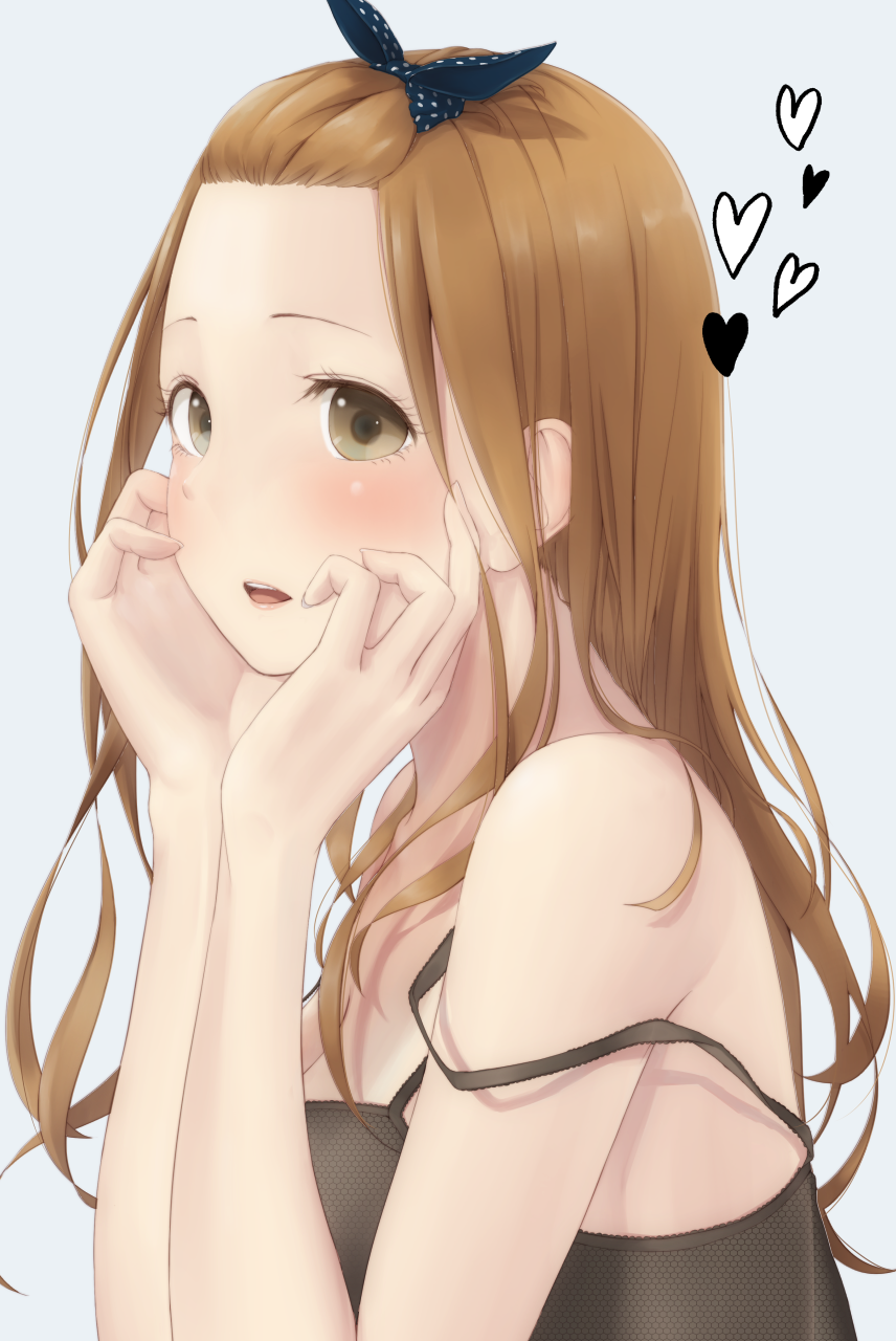 1girl, :d, aihara_miu, bangs_pinned_back, blush, bow, brown_eyes, brown_hair