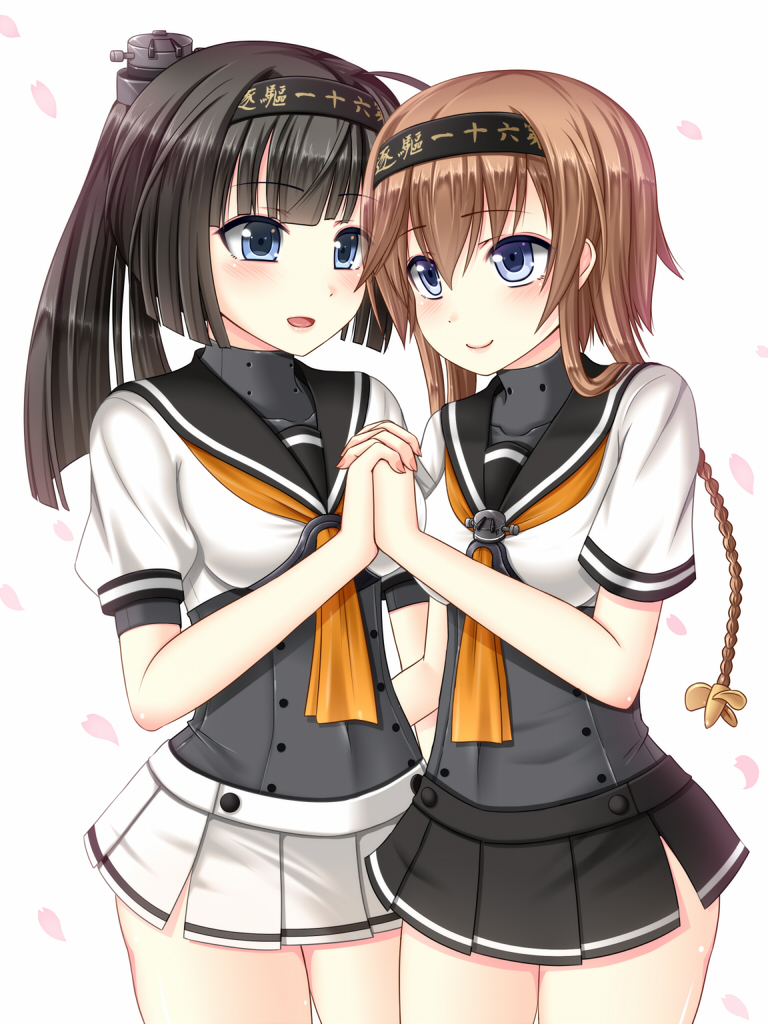 10s, 2girls, akizuki_(kancolle), black_hair, blue_hair, clothes_writing, dotera, hanazome_dotera