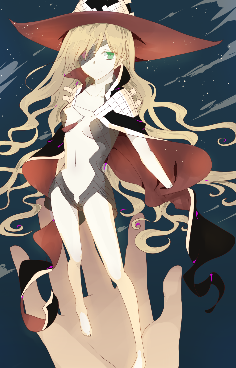 1girl, blonde_hair, breasts, cape, cloud, green_eyes, hat, highres