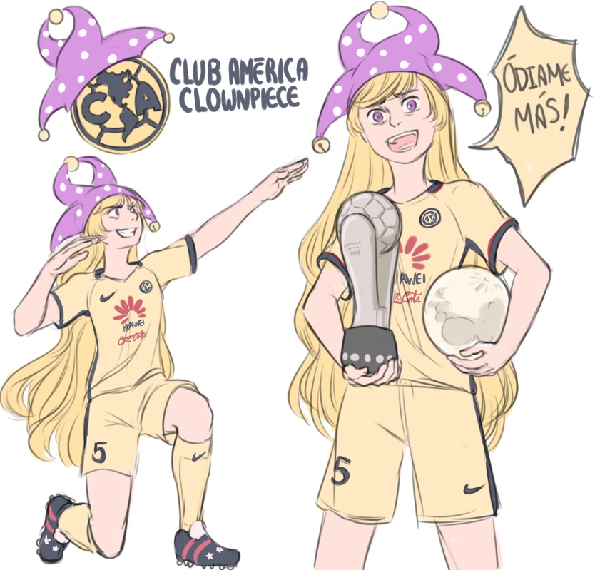 1girl, :d, ball, blonde_hair, clothes_writing, clownpiece, club_america, coca-cola, grin, hat, huawei, jester_cap, long_hair, mefomefo, moon, nike_(company), open_mouth, purple_eyes, smile, soccer_uniform, spanish_text, sportswear, touhou, very_long_hair