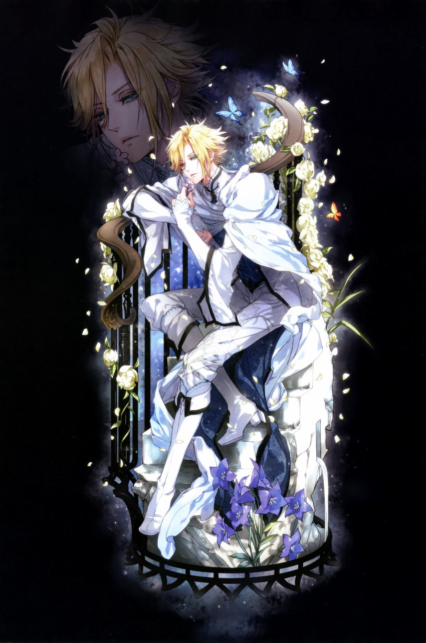 1boy, absurdres, blonde_hair, bug, butterfly, design_factory, flower, highres