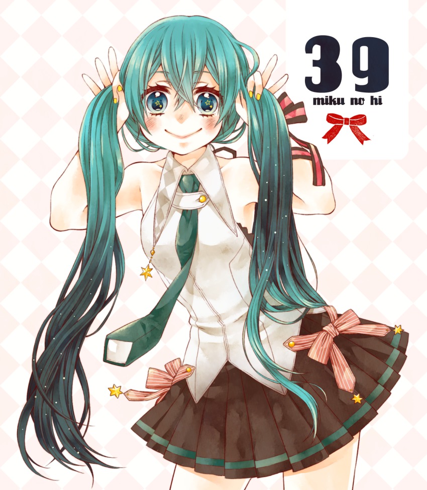 1girl, :>, aqua_eyes, aqua_hair, bow, female_focus, hatsune_miku, highres