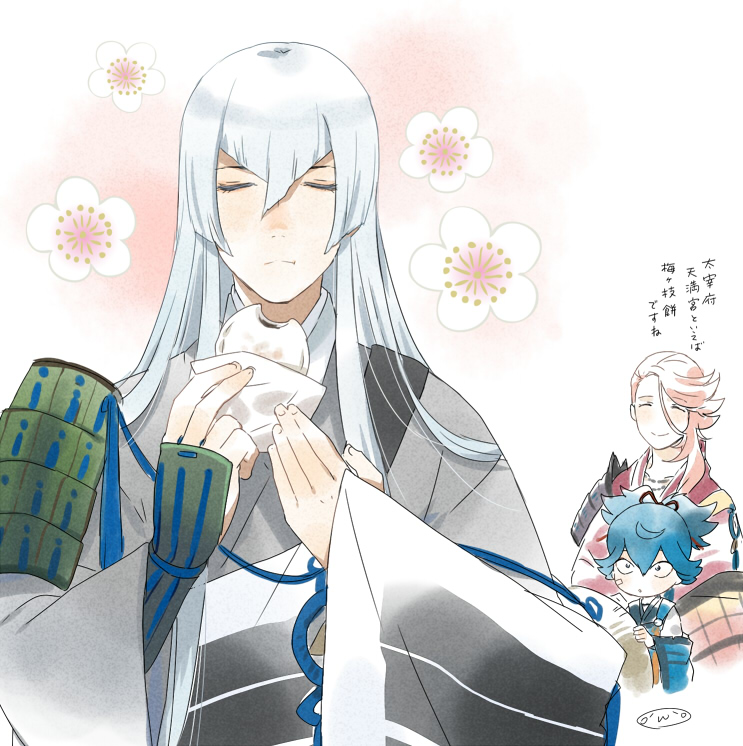 10s, 3boys, armor, blue_hair, closed_eyes, eating, food, hat