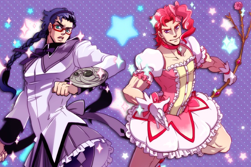 2boys, akemi_homura, akemi_homura_(cosplay), akemi_homura_(magical_girl), argyle_clothes, argyle_legwear, beads, bespectacled