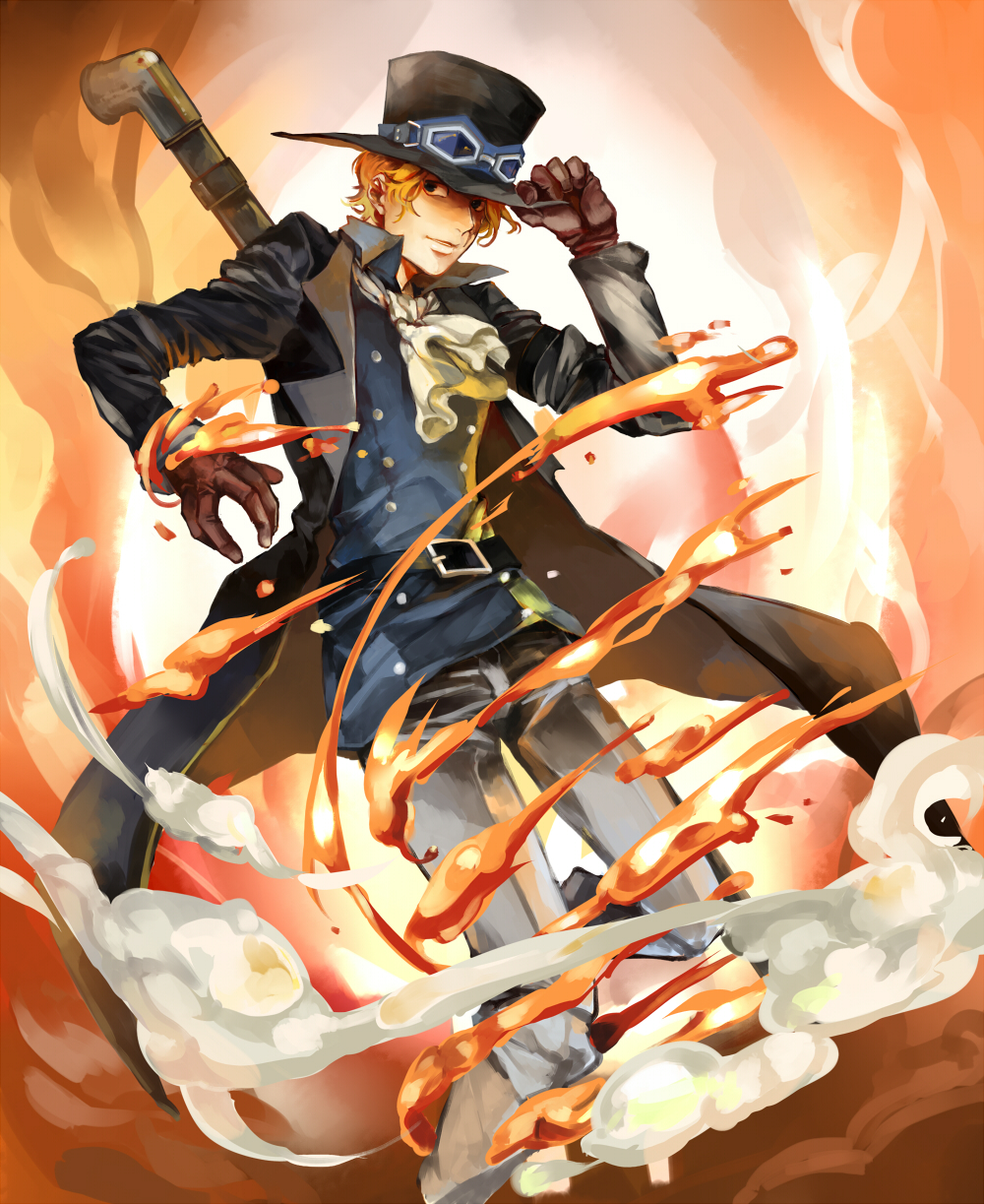 1boy, belt, blonde_hair, brown_gloves, fire, gloves, goggles, goggles_on_headwear, hat, hat_tip, highres, long_coat, male_focus, marcia_(sthforlove), one_piece, sabo_(one_piece), smoke, solo, top_hat