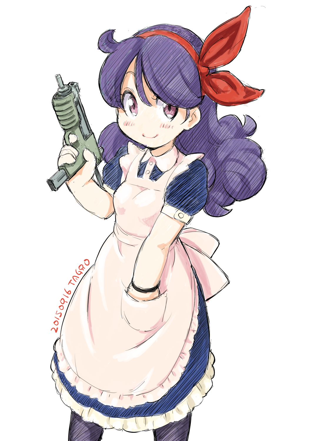 artist_name, blue_hair, dated, dragon_ball, gun, hairband, hand_in_pocket, highres