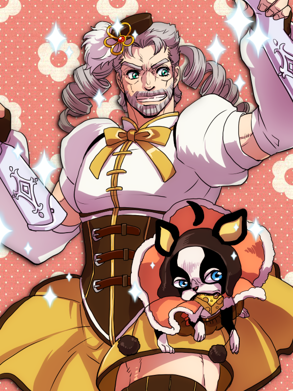 1boy, aqua_eyes, beard, cape, cheese, corset, cosplay, crossdressing