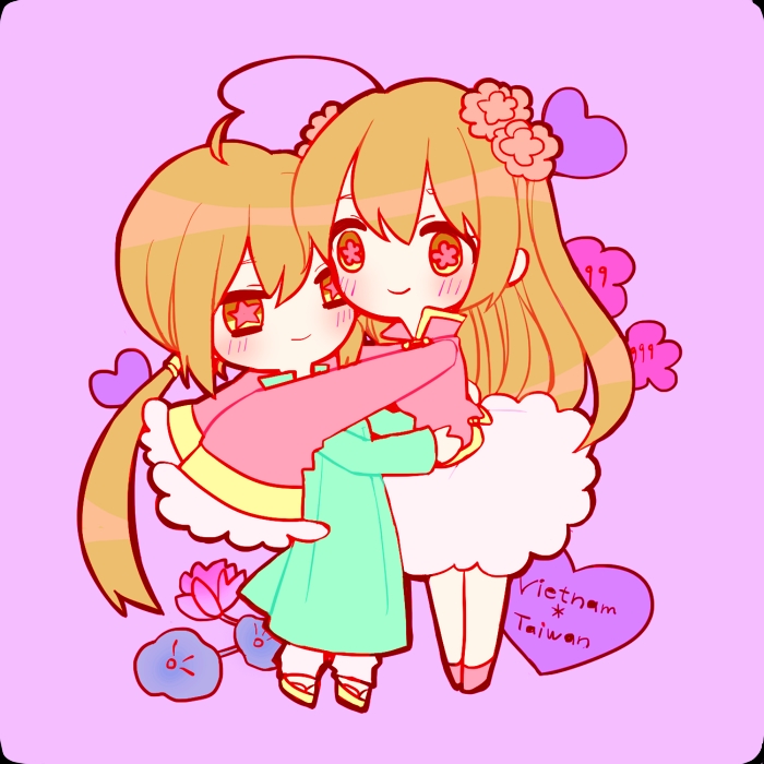 2girls, auag_(sugar_and_spice), axis_powers_hetalia, character_name, eiyu_eiji, flower, heart, long_hair