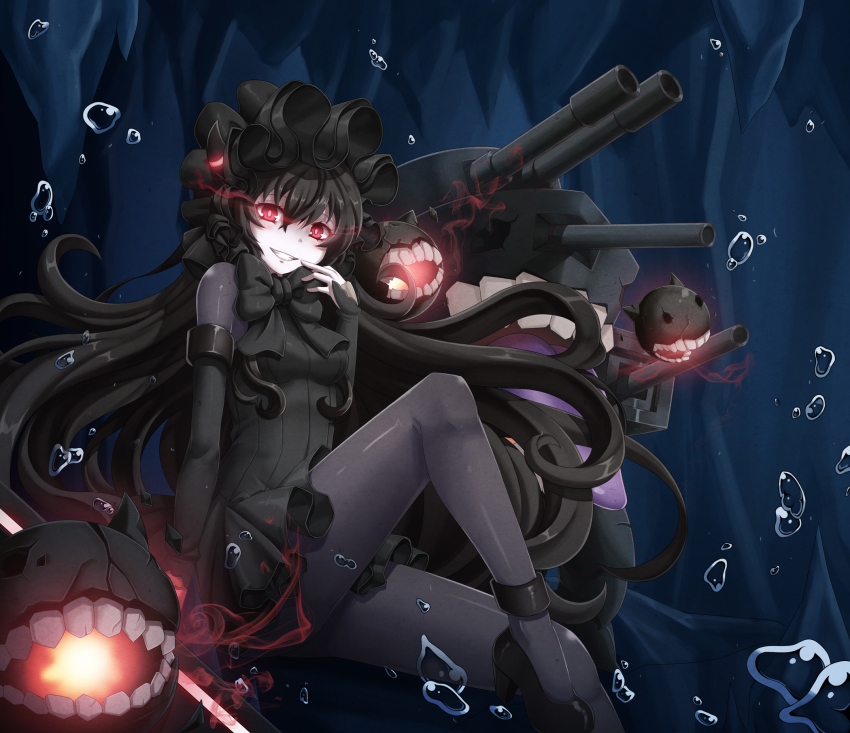10s, 1girl, abyssal_ship, black_bow, black_dress, black_hair, black_pantyhose, black_shoes
