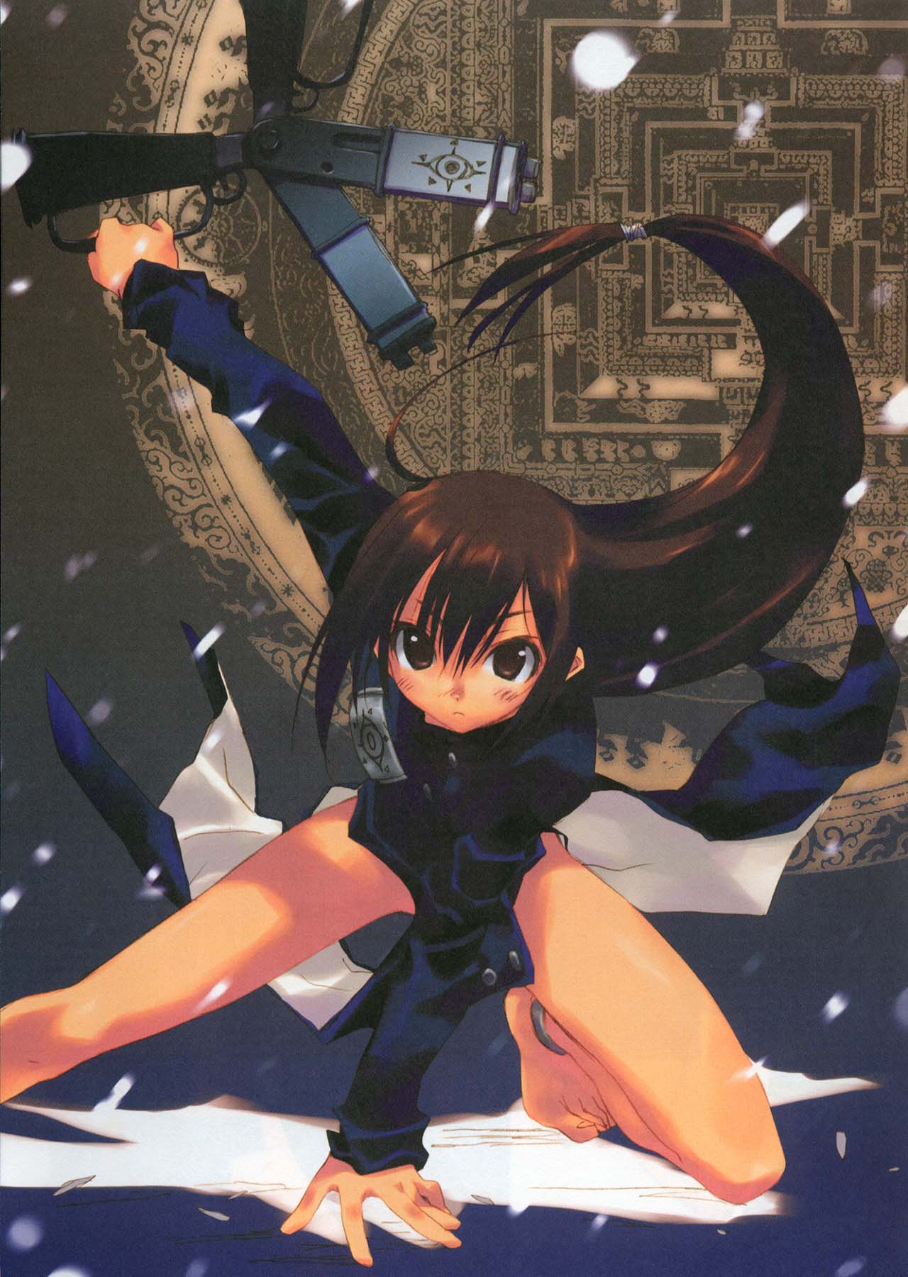 1girl, amazuyu_tatsuki, artist_request, barefoot, black_dress, bottomless, brown_eyes, brown_hair, dress, esquisse_solo, female_focus, gun, highres, kamiyadori, long_hair, magic, mecha, mitsumi_misato, robot, scan, solo, vivi, vivi_(kamiyadori), weapon