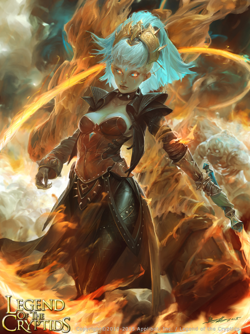 10s, 1girl, 2015, armor, blue_hair, breasts, cleavage, collar