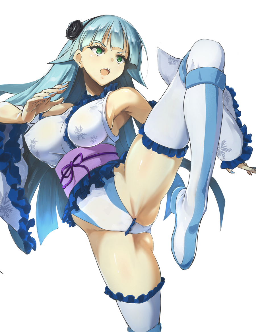 1girl, aqua_hair, blue_hair, boots, breasts, covered_erect_nipples, detached_sleeves, female_focus, flower, green_eyes, hair_flaps, hair_flower, hair_ornament, hairband, japanese_clothes, kicking, knee_pads, kuzu_(miduhana), large_breasts, leg_up, legs, leotard, long_hair, nail_polish, obi, ring_dream, rose, sasaki_yukime, sash, solo, thigh_boots, thighhighs, thighs, white_background, wrestling_outfit, yuki_onna_(ring_dream)