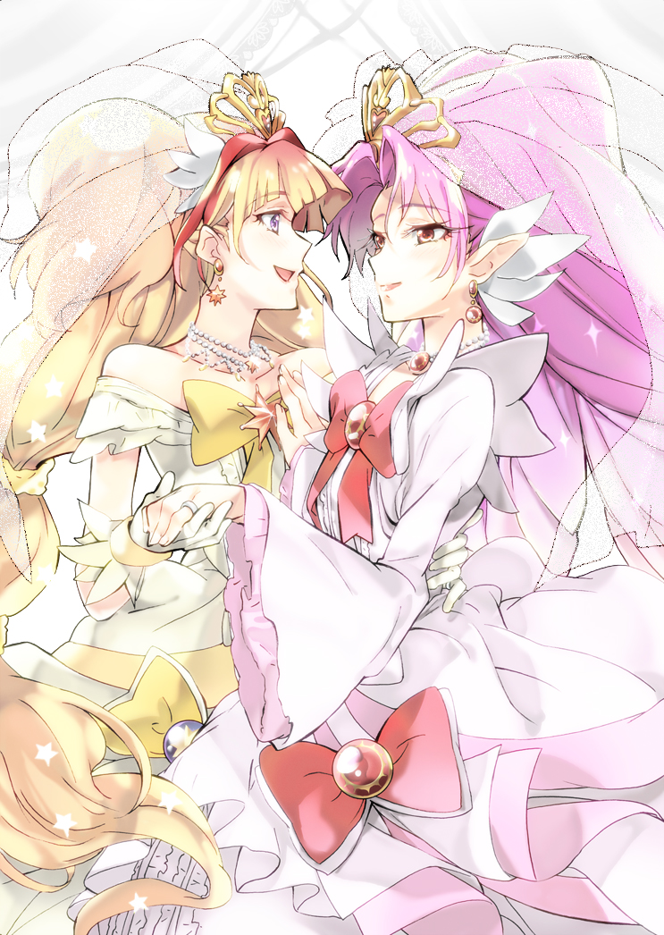 2girls, akagi_towa, amanogawa_kirara, bow, brooch, brown_hair, cowboy_shot, cure_scarlet, cure_scarlet_(dress_up_premium), cure_twinkle, cure_twinkle_(dress_up_premium), dress, earrings, eye_contact, go!_princess_precure, hareta, holding_hands, jewelry, long_hair, looking_at_another, low-tied_long_hair, magical_girl, mode_elegant_(go!_princess_precure), multicolored_hair, multiple_girls, necklace, pink_hair, pointy_ears, precure, purple_eyes, red_bow, red_eyes, red_hair, ring, seita, smile, streaked_hair, tiara, two-tone_hair, veil, white_background, yellow_bow, yuri