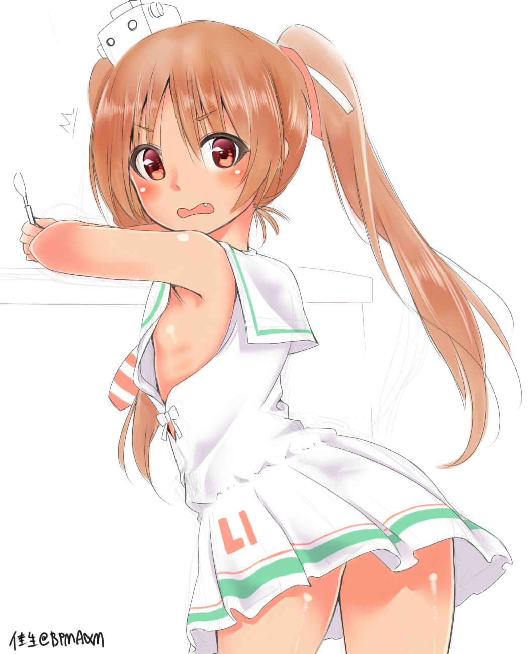 10s, 1girl, blush, breasts, brown_eyes, brown_hair, dark-skinned_female, dark_skin, dress, fang, female_focus, flat_chest, from_behind, hat, highres, kantai_collection, libeccio_(kancolle), long_hair, looking_at_viewer, looking_back, open_mouth, ribbon, short_dress, side_slit, sideboob, sleeveless, sleeveless_dress, solo, spoon, thighs, twintails, yoshiki_(bpmaxm)