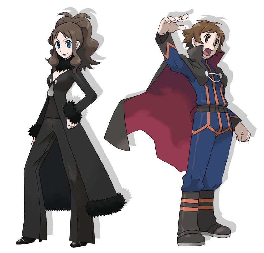 alternate_costume, artist_request, belt, boots, cape, cosplay, cynthia_(pokemon), cynthia_(pokemon)_(cosplay), high_heels, hilbert_(pokemon), hilda_(pokemon), lance_(pokemon), lance_(pokemon)_(cosplay), nintendo, pokemon