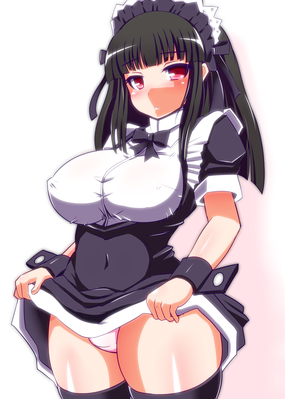 1girl, beatmania_iidx, bemani, black_hair, black_thighhighs, blush, breasts, clothes_lift, covered_erect_nipples, covered_navel, curvy, female_focus, highres, hinazuki_ririna, ini_(mocomocccos), initiative, large_breasts, long_hair, looking_at_viewer, maid, maid_headdress, parted_lips, pink_eyes, red_eyes, skirt, skirt_lift, solo, thick_thighs, thighhighs, thighs, underbust, wide_hips