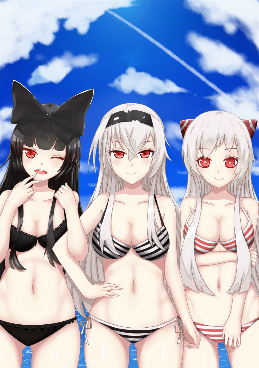 10s, 3girls, abyssal_ship, air_defense_princess, airfield_princess, bikini, black_bikini, black_hair, blush, bow, breasts, cleavage, cloud, day, hair_bow, hairband, highres, horns, kantai_collection, lace, lace-trimmed_bikini, lace_trim, large_breasts, locked_arms, long_hair, medium_breasts, multiple_girls, one_eye_closed, pale_skin, red_eyes, rumaki, seaplane_tender_princess, side-tie_bikini_bottom, silver_hair, smile, striped_bikini, striped_clothes, swimsuit