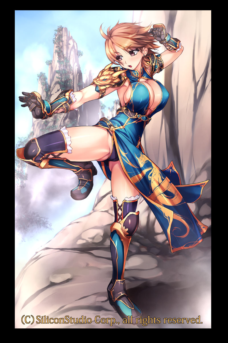 1girl, amei_sumeru, black_panties, black_thighhighs, breasts, brown_eyes, brown_hair, cameltoe, cleavage, covered_erect_nipples, fantasica, female_focus, fighting_stance, gauntlets, gold_trim, highres, large_breasts, no_bra, open_mouth, panties, shin_guards, short_hair, sideboob, solo, standing, standing_on_one_leg, thighhighs, underwear