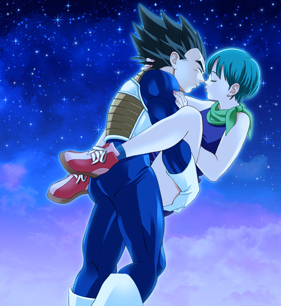 1boy, 1girl, aqua_hair, black_hair, boots, bulma, carrying, closed_eyes, cloud, dragon_ball, dragonball_z, dress, earrings, gloves, husband_and_wife, imminent_kiss, jewelry, kacha_(xcachax), midair, nail_polish, neckerchief, night, purple_dress, red_nails, red_shoes, shoes, sky, star_(sky), starry_sky, vegeta, white_boots, white_gloves