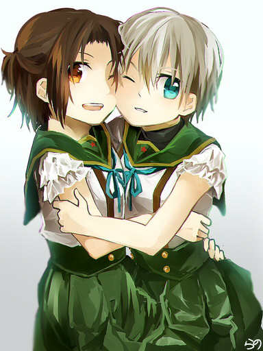 10s, 2girls, ;d, bad_id, bad_pixiv_id, blue_eyes, brown_eyes, brown_hair