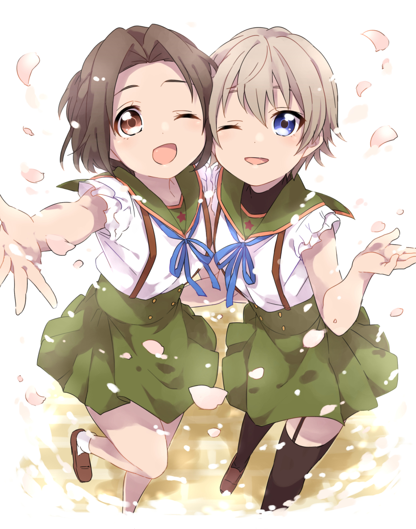 10s, 2girls, ;d, absurdres, blue_eyes, brown_eyes, brown_hair, cherry_blossoms