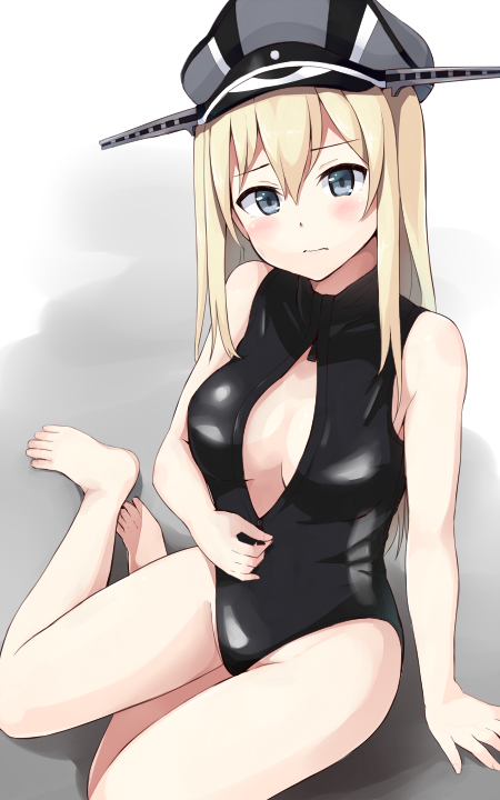 10s, 1girl, arm_support, barefoot, bismarck_(kancolle), black_eyes, blonde_hair, breasts, female_focus, front_zipper_swimsuit_(realise), hand_on_own_stomach, hat, kantai_collection, long_hair, one-piece_swimsuit, peaked_cap, sitting, solo, sui_(tsuruhibiki), swimsuit, wavy_mouth, yokozuwari